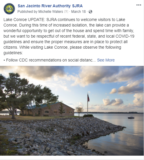 March 18, 2020 Observe CDC guidelines at Lake Conroe